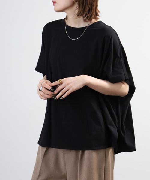 EGLANTINE(エグランティーヌ)の「EGLANTINE ドルマンフレアーカットソー 半端袖(Tシャツ/カットソー・レディース・オレンジ/オフホワイト/ブラック・40)」の4枚目の写真