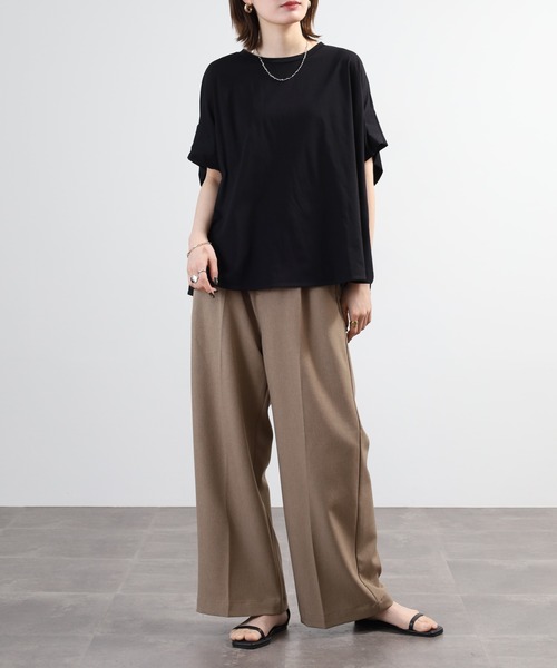 EGLANTINE(エグランティーヌ)の「EGLANTINE ドルマンフレアーカットソー 半端袖(Tシャツ/カットソー・レディース・オレンジ/オフホワイト/ブラック・40)」の5枚目の写真