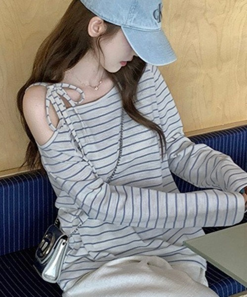 LADY LIKE(レディライク)の「【春夏新作】肩リボンワンショルダーボーダートップス(Tシャツ/カットソー・レディース・サックスブルー・M)」の1枚目の写真