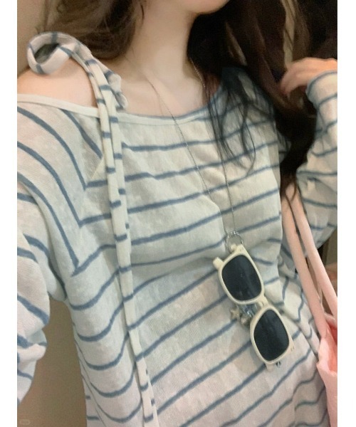 LADY LIKE(レディライク)の「【春夏新作】肩リボンワンショルダーボーダートップス(Tシャツ/カットソー・レディース・サックスブルー・M)」の3枚目の写真