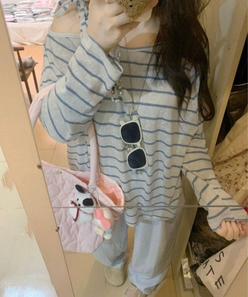 LADY LIKE(レディライク)の「【春夏新作】肩リボンワンショルダーボーダートップス(Tシャツ/カットソー・レディース・サックスブルー・M)」の5枚目の写真