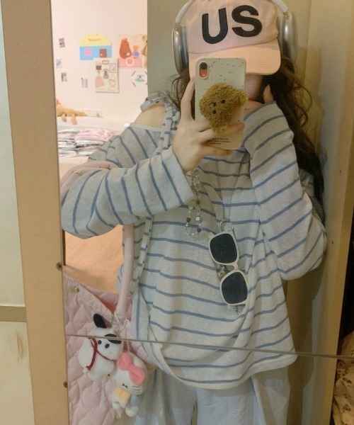 LADY LIKE(レディライク)の「【春夏新作】肩リボンワンショルダーボーダートップス(Tシャツ/カットソー・レディース・サックスブルー・M)」の6枚目の写真