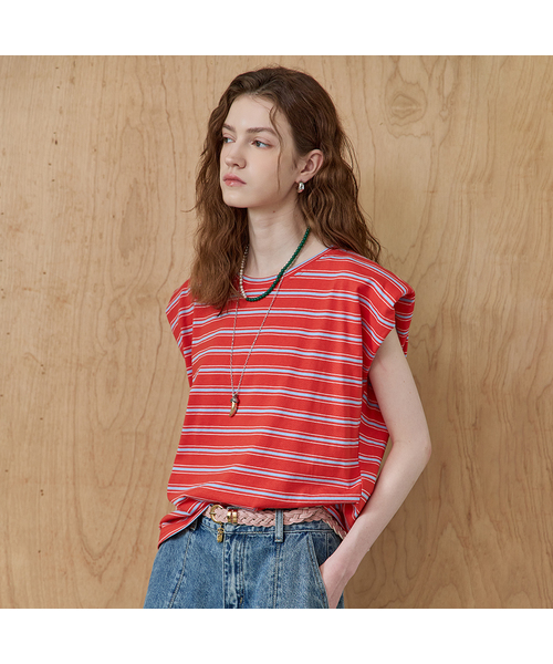 MAXZA(マージャコレクション)の「ツートンストライプショルダーパッドスリーブレスTシャツ(Tシャツ/カットソー・レディース・レッド・FREE)」の1枚目の写真