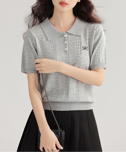 MAISON DE THERESE(メゾン ド テレーズ)の「リボン刺繍 ポロネック 半袖ニット カレッジ風 ガーリー(ニット/セーター・レディース・ブラック/アイボリー/ホワイト/ブルー/グレー・FREE)」の13枚目の写真