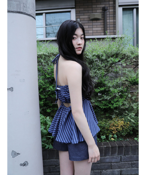 UGLY SHADOW(アグリーシャドウ)の「STRIPE SHIRRING FLARE TOP(BLUE)(Tシャツ/カットソー・レディース・その他・FREE)」の1枚目の写真