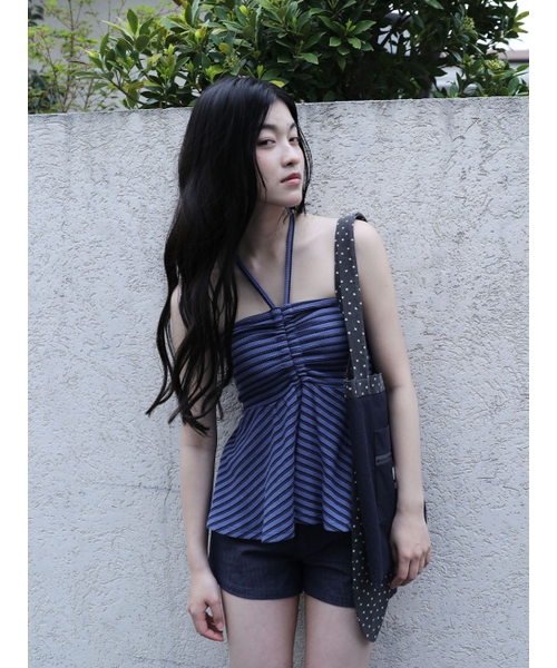 UGLY SHADOW(アグリーシャドウ)の「STRIPE SHIRRING FLARE TOP(BLUE)(Tシャツ/カットソー・レディース・その他・FREE)」の3枚目の写真