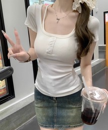 カップ付き フロントボタン 半袖リブトップス