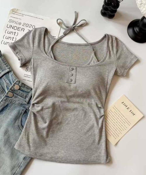 Teem Store(チームストア)の「カップ付き フロントボタン 半袖リブトップス(Tシャツ/カットソー・レディース・ブラック/グレー/ピンク/ホワイト・F)」の21枚目の写真