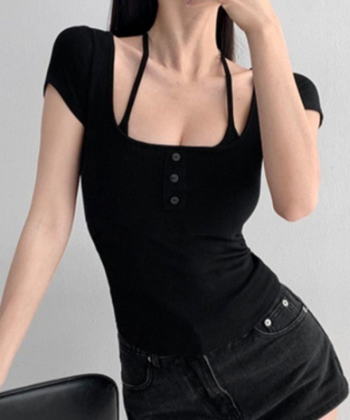 Teem Store(チームストア)の「カップ付き フロントボタン 半袖リブトップス(Tシャツ/カットソー・レディース・ブラック/グレー/ピンク/ホワイト・F)」の22枚目の写真