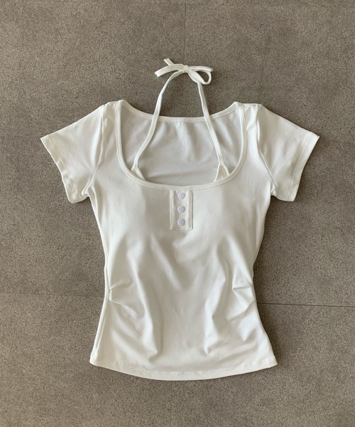 Teem Store(チームストア)の「カップ付き フロントボタン 半袖リブトップス(Tシャツ/カットソー・レディース・ブラック/グレー/ピンク/ホワイト・F)」の11枚目の写真