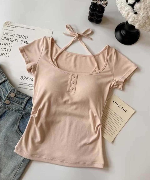 Teem Store(チームストア)の「カップ付き フロントボタン 半袖リブトップス(Tシャツ/カットソー・レディース・ブラック/グレー/ピンク/ホワイト・F)」の10枚目の写真