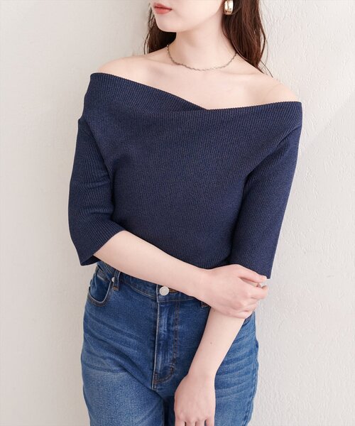 natural couture(ナチュラルクチュール)の「ドレープ半袖ラメニット(ニット/セーター・レディース・ネイビー/ピンク系その他/サックスブルー/オフホワイト/ミント・FREE)」の3枚目の写真