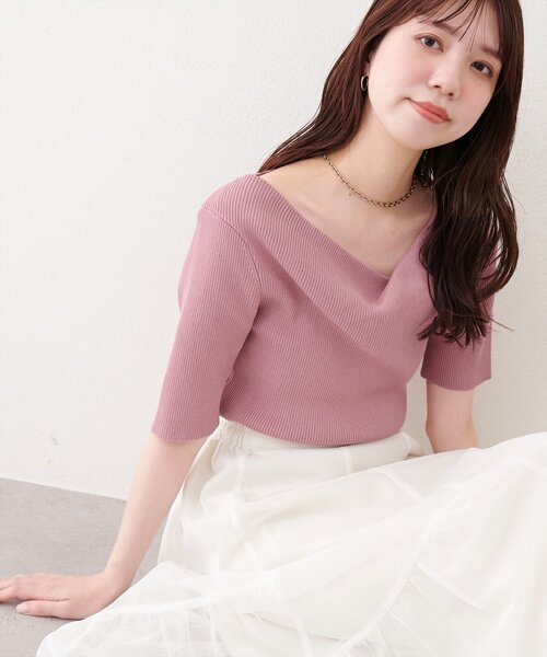 natural couture(ナチュラルクチュール)の「ドレープ半袖ラメニット(ニット/セーター・レディース・ネイビー/ピンク系その他/サックスブルー/オフホワイト/ミント・FREE)」の5枚目の写真