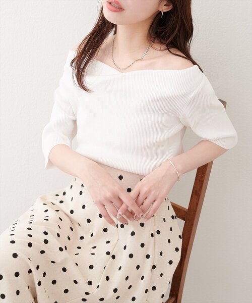 natural couture(ナチュラルクチュール)の「ドレープ半袖ラメニット(ニット/セーター・レディース・ネイビー/ピンク系その他/サックスブルー/オフホワイト/ミント・FREE)」の1枚目の写真