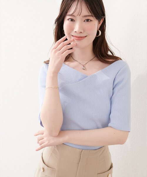 natural couture(ナチュラルクチュール)の「ドレープ半袖ラメニット(ニット/セーター・レディース・ネイビー/ピンク系その他/サックスブルー/オフホワイト/ミント・FREE)」の12枚目の写真