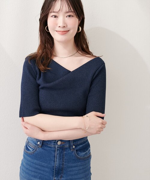 natural couture(ナチュラルクチュール)の「ドレープ半袖ラメニット(ニット/セーター・レディース・ネイビー/ピンク系その他/サックスブルー/オフホワイト/ミント・FREE)」の17枚目の写真