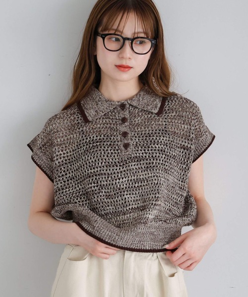 tiptop(ティップトップ)の「メランジメッシュライン入りポロ(ポロシャツ・レディース・ブラック/ブラウン/アイボリー・FREE)」の1枚目の写真