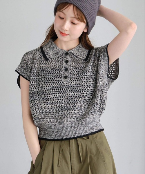 tiptop(ティップトップ)の「メランジメッシュライン入りポロ(ポロシャツ・レディース・ブラック/ブラウン/アイボリー・FREE)」の3枚目の写真