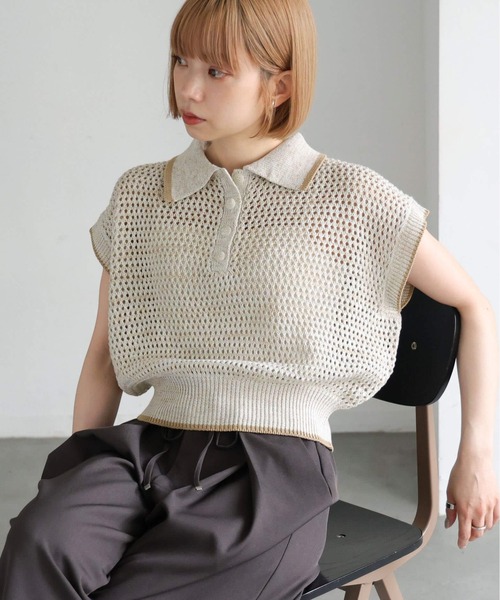 tiptop(ティップトップ)の「メランジメッシュライン入りポロ(ポロシャツ・レディース・ブラック/ブラウン/アイボリー・FREE)」の4枚目の写真