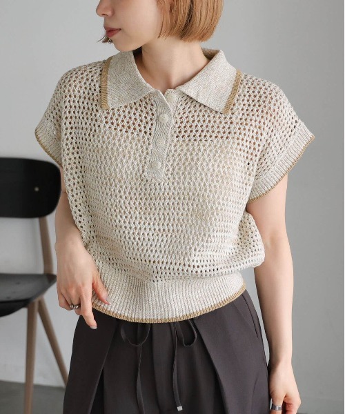 tiptop(ティップトップ)の「メランジメッシュライン入りポロ(ポロシャツ・レディース・ブラック/ブラウン/アイボリー・FREE)」の5枚目の写真