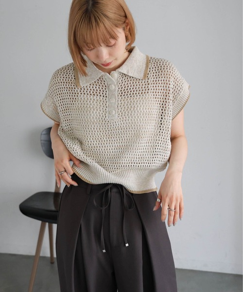 tiptop(ティップトップ)の「メランジメッシュライン入りポロ(ポロシャツ・レディース・ブラック/ブラウン/アイボリー・FREE)」の6枚目の写真