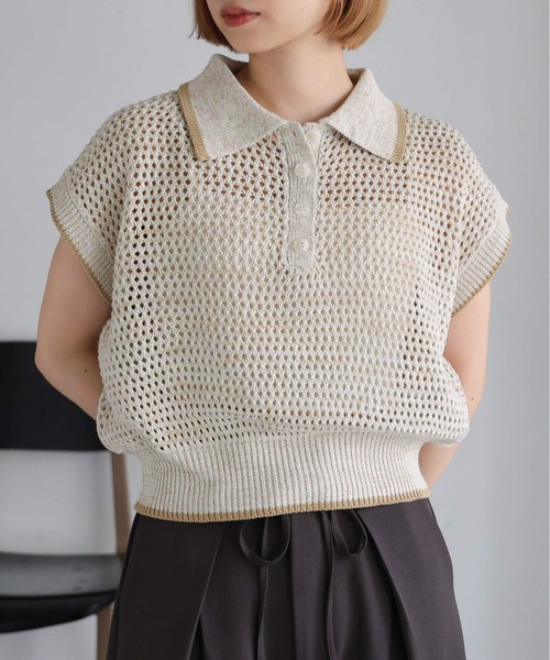 tiptop(ティップトップ)の「メランジメッシュライン入りポロ(ポロシャツ・レディース・ブラック/ブラウン/アイボリー・FREE)」の7枚目の写真