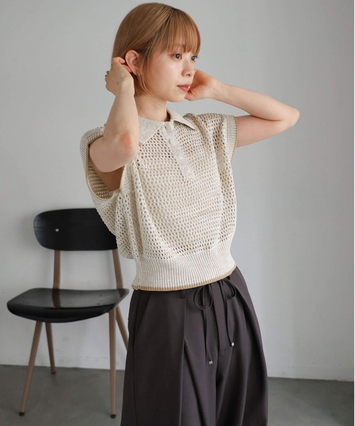 tiptop(ティップトップ)の「メランジメッシュライン入りポロ(ポロシャツ・レディース・ブラック/ブラウン/アイボリー・FREE)」の8枚目の写真