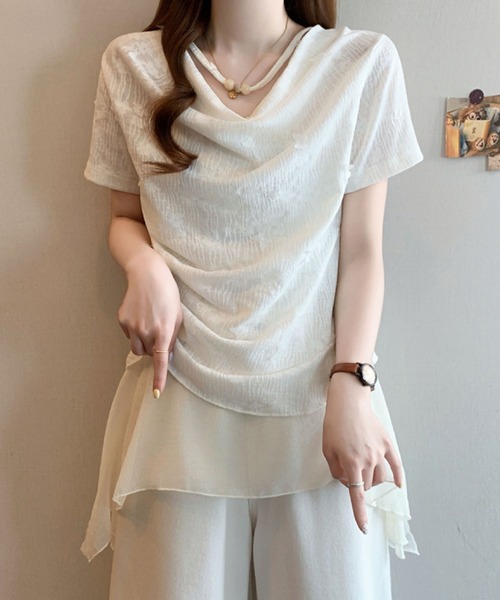 2ly2(トゥーリートゥー)の「オフショル風シアーデザインカットソー レディース ドレープトップス(Tシャツ/カットソー・レディース・グリーン/ホワイト・FREE)」の1枚目の写真