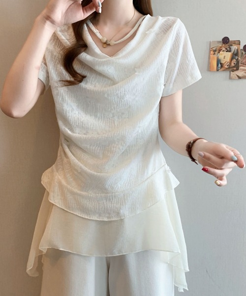 2ly2(トゥーリートゥー)の「オフショル風シアーデザインカットソー レディース ドレープトップス(Tシャツ/カットソー・レディース・グリーン/ホワイト・FREE)」の7枚目の写真