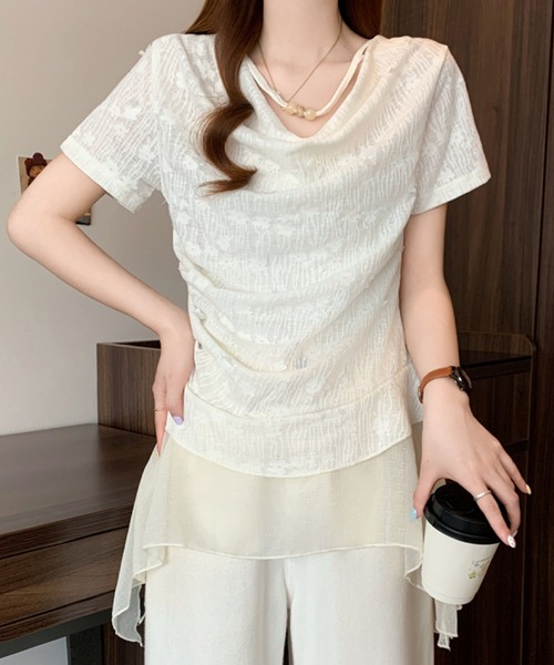 2ly2(トゥーリートゥー)の「オフショル風シアーデザインカットソー レディース ドレープトップス(Tシャツ/カットソー・レディース・グリーン/ホワイト・FREE)」の9枚目の写真