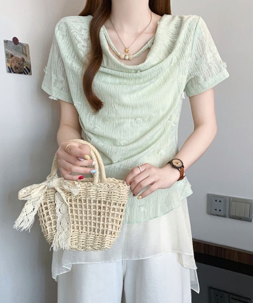 2ly2(トゥーリートゥー)の「オフショル風シアーデザインカットソー レディース ドレープトップス(Tシャツ/カットソー・レディース・グリーン/ホワイト・FREE)」の18枚目の写真