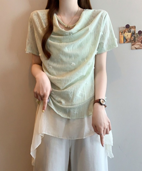 2ly2(トゥーリートゥー)の「オフショル風シアーデザインカットソー レディース ドレープトップス(Tシャツ/カットソー・レディース・グリーン/ホワイト・FREE)」の21枚目の写真