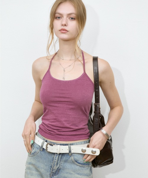 Rohwel(ローウェル)の「Back Ribbon Washed Halter Camisole / バックリボンウォッシュドホルターキャミソール(キャミソール・レディース・ミント/ネイビー/プラム/グレー・FREE)」の19枚目の写真