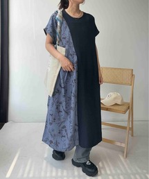 ☆やさしく異素材ななめ切り替え さらりとロングワンピース