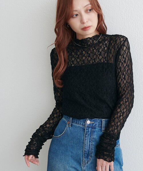 DISCOAT(ディスコート)の「【WEB限定】袖口ギャザーレースメロートップス(Tシャツ/カットソー・レディース・ブラック/ブラウン/アイボリー・FREE)」の3枚目の写真