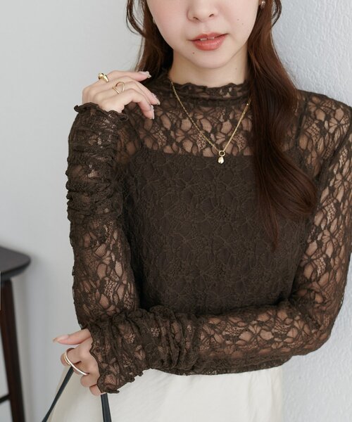 DISCOAT(ディスコート)の「【WEB限定】袖口ギャザーレースメロートップス(Tシャツ/カットソー・レディース・ブラック/ブラウン/アイボリー・FREE)」の19枚目の写真
