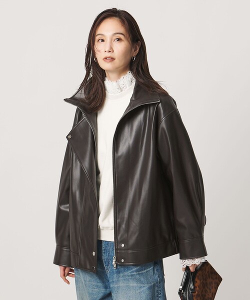 UNITED ARROWS(ユナイテッドアローズ)の「スタンドカラー レザーライク ブルゾン(ブルゾン・レディース・ダークブラウン/ブラック・38/36)」の2枚目の写真