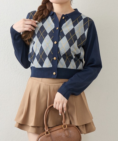 Another Branch olive des olive（アナザーブランチオリーブデオリーブ）の「アーガイル襟ニット（カーディガン/ボレロ・レディース・ブラウン/ネイビー/ブラック/チャコールグレー・FREE）」の4枚目の写真