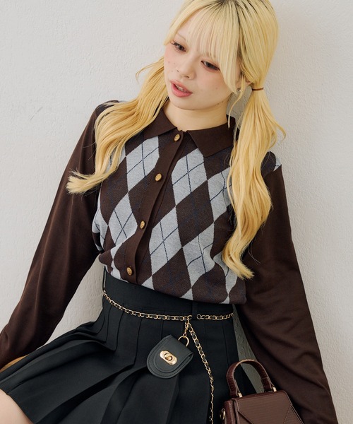 Another Branch olive des olive（アナザーブランチオリーブデオリーブ）の「アーガイル襟ニット（カーディガン/ボレロ・レディース・ブラウン/ネイビー/ブラック/チャコールグレー・FREE）」の18枚目の写真