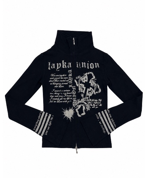 Never mind the XU / Chikashitsu+(ネバーマインド ザ エックスユー / チカシツプラス)の「【BABY09】y2k print slim zipup top / 【ベイビーナイン】ロゴプリントスリムジップアップ長袖Tシャツ(Tシャツ/カットソー・レディース・ブラック/グレー・M)」の7枚目の写真