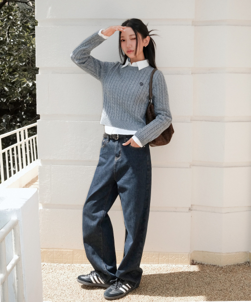 muahmuah（ムーアムーア）の「刺繍ケーブル編み クルーネックニット [杢グレー]（ニット/セーター・レディース・その他・FREE）」の3枚目の写真