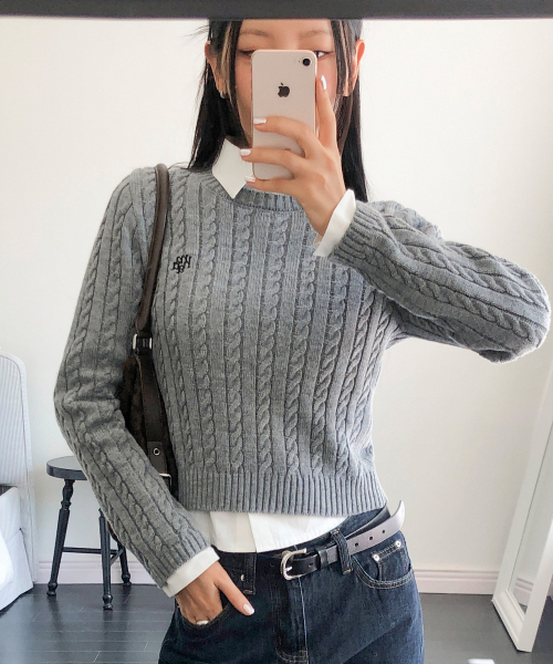 muahmuah（ムーアムーア）の「刺繍ケーブル編み クルーネックニット [杢グレー]（ニット/セーター・レディース・その他・FREE）」の12枚目の写真