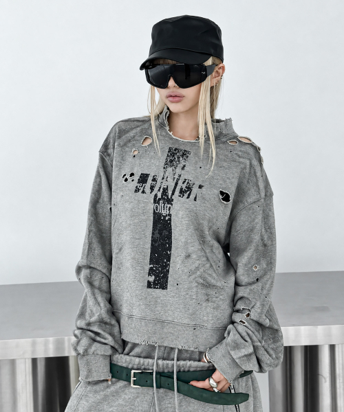 ROARINGRAD(ロアリングラド)の「クロスダメージスウェットシャツ グレー(スウェット・レディース・その他・MEDIUM/LARGE)」の1枚目の写真