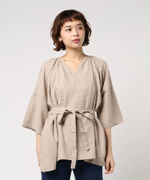 AMERICAN HOLIC（アメリカンホリック）の「・スキッパー5分袖リボン付ブラウス（シャツ/ブラウス・レディース・オフホワイト/チャコールグレー/グレイッシュベージュ/ストライプ・FREE）」の4枚目の写真