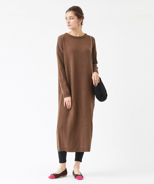 titivate（ティティベイト）の「クルーネックロングニットワンピース（ワンピース・レディース・ブラック/ネイビー/カーキ/杢グレー/ブラウン・FREE）」の3枚目の写真