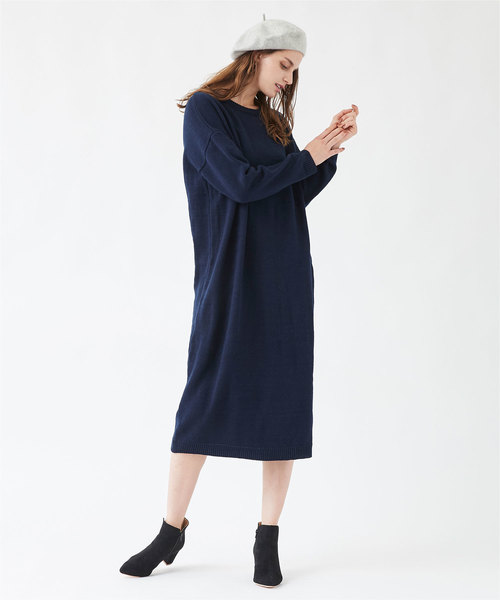 titivate（ティティベイト）の「クルーネックロングニットワンピース（ワンピース・レディース・ブラック/ネイビー/カーキ/杢グレー/ブラウン・FREE）」の11枚目の写真