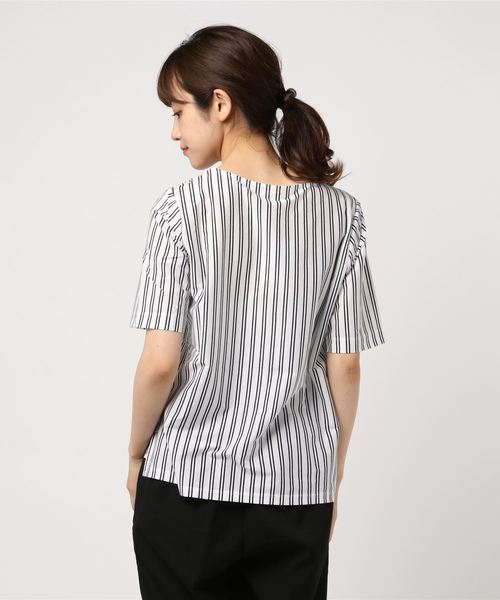 A/C DESIGN BY ALPHA CUBIC（エーシーデザインバイアルファキュービック）の「【COOLER TOUCHシリーズ】ストライプ切替プルオーバー（Tシャツ/カットソー・レディース・ネイビー/オフホワイト/ブルー・M size/L size）」の4枚目の写真