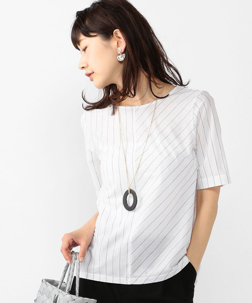 A/C DESIGN BY ALPHA CUBIC（エーシーデザインバイアルファキュービック）の「【COOLER TOUCHシリーズ】ストライプ切替プルオーバー（Tシャツ/カットソー・レディース・ネイビー/オフホワイト/ブルー・M size/L size）」の2枚目の写真