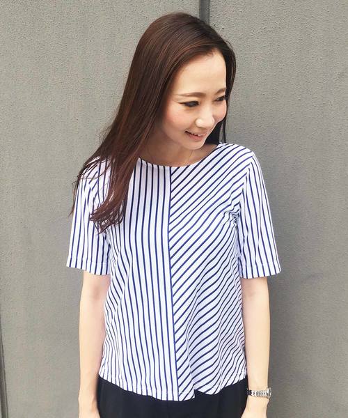 A/C DESIGN BY ALPHA CUBIC（エーシーデザインバイアルファキュービック）の「【COOLER TOUCHシリーズ】ストライプ切替プルオーバー（Tシャツ/カットソー・レディース・ネイビー/オフホワイト/ブルー・M size/L size）」の3枚目の写真