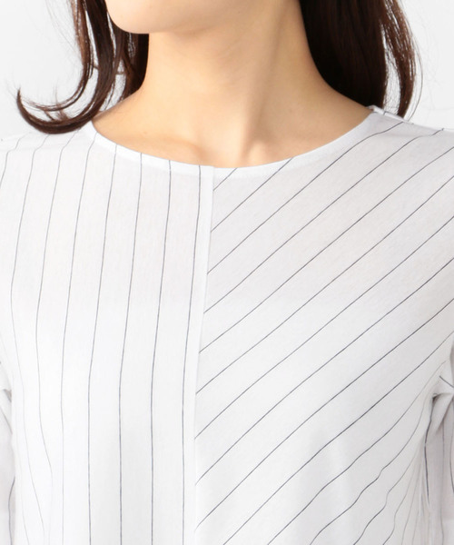 A/C DESIGN BY ALPHA CUBIC（エーシーデザインバイアルファキュービック）の「【COOLER TOUCHシリーズ】ストライプ切替プルオーバー（Tシャツ/カットソー・レディース・ネイビー/オフホワイト/ブルー・M size/L size）」の9枚目の写真